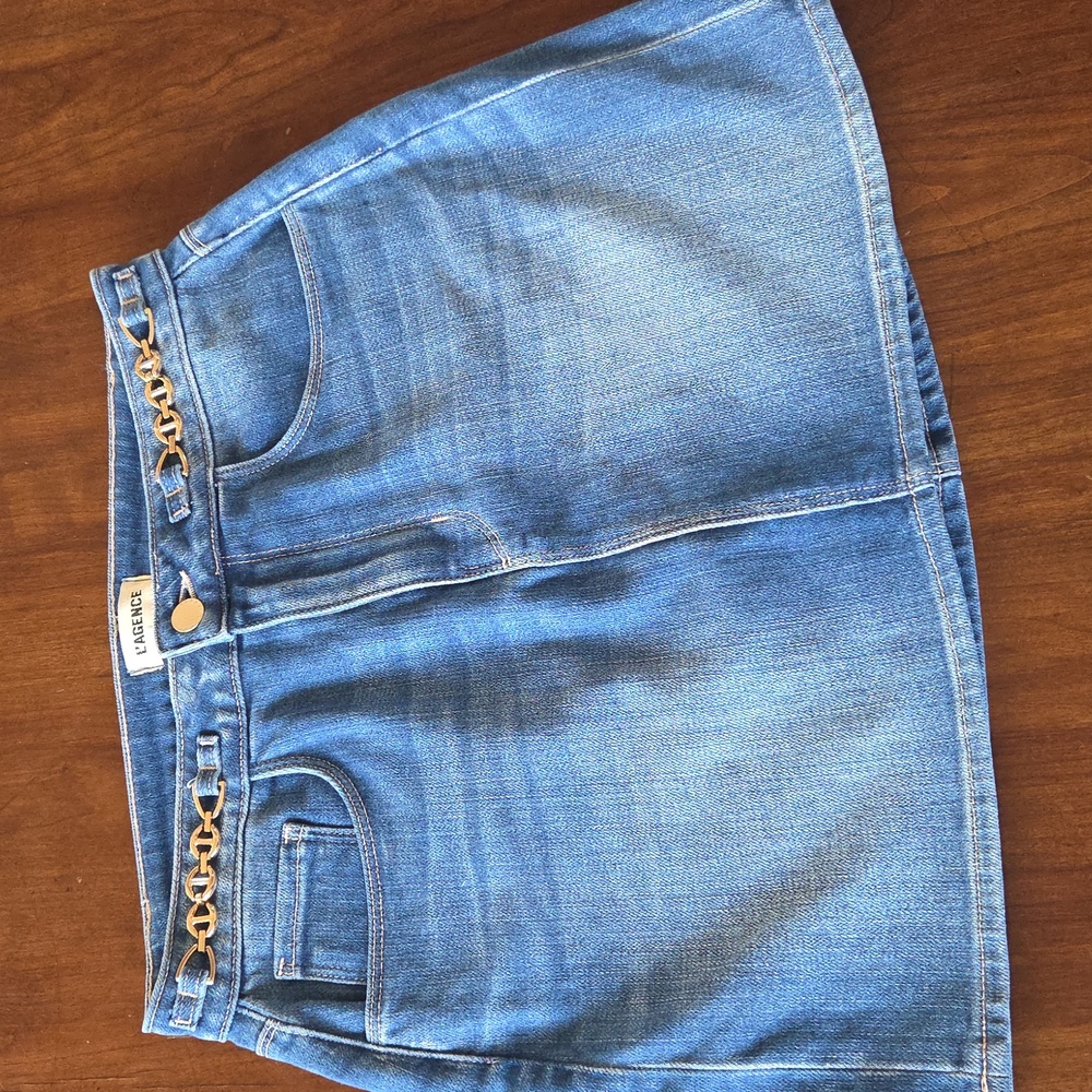 L'AGENCE Light Blue Denim Mini Skirt with Gold Chain Trim